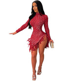 Rhinestone Dress Cutout Tight Dress Mesh Woolen Dress